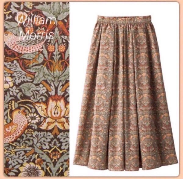 【William Morris】ウィリアム・モリス いちご泥棒 総柄フレアスカート/ M〈カーキベージュ系〉新品