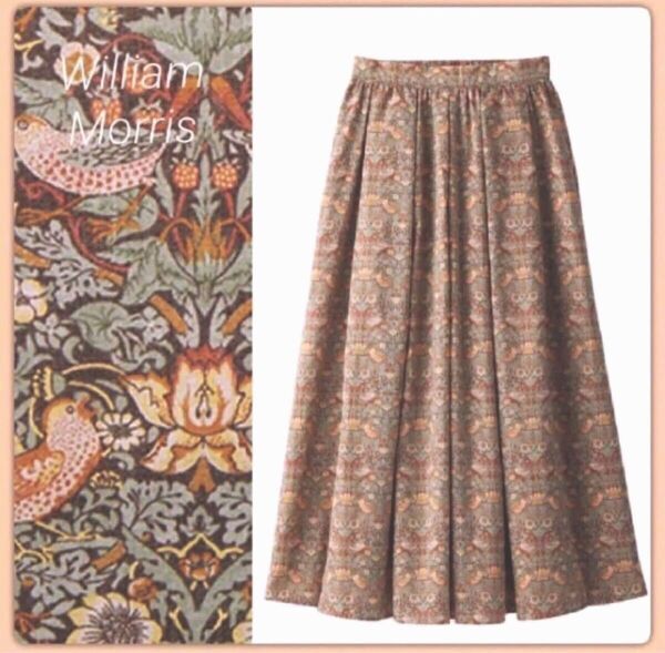 【William Morris】ウィリアム・モリス いちご泥棒 総柄フレアスカート/ M〈カーキベージュ系〉新品