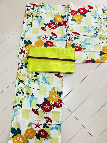新品 高級変り織浴衣 黄緑系x朝顔柄
