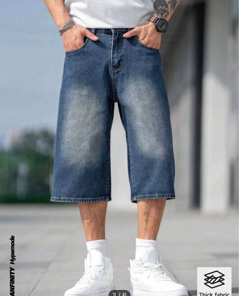 デニムハーフパンツ メンズ インディゴブルー ワイドシルエット