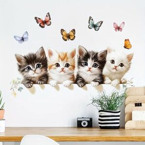 【新品】子猫4匹と蝶々のウォールステッカー 20.5×39.5cm