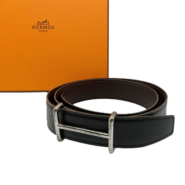 エルメス HERMES Hダンクル 80 Hロゴ ベルト シルバーバックル ブラック ブラウン リバーシブル