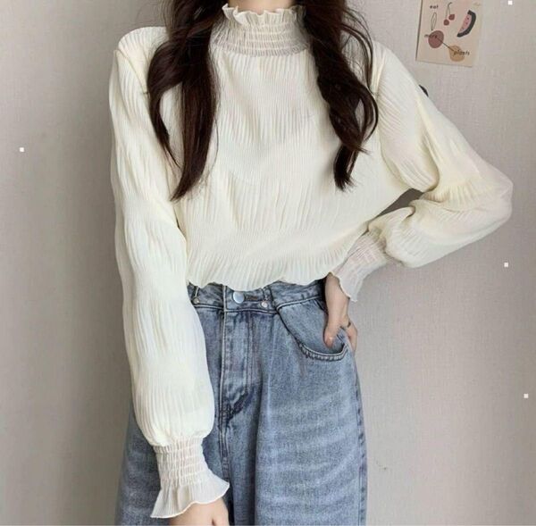 【未使用に近い】シフォン シアー ブラウス 長袖 カットソー フリル ホワイト 白 レディース