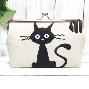 角型 がま口ポーチ 通帳ケース 小物入れ 多目的ポーチ 猫 黒猫