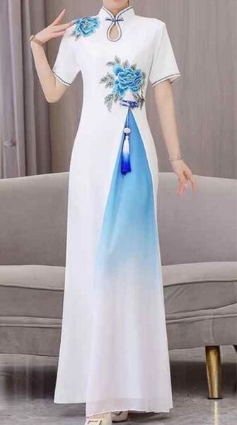 アオザイ ワンピース ロング チャイナドレス 白 ブルー ベトナム 民族衣装 コスプレ ドレス