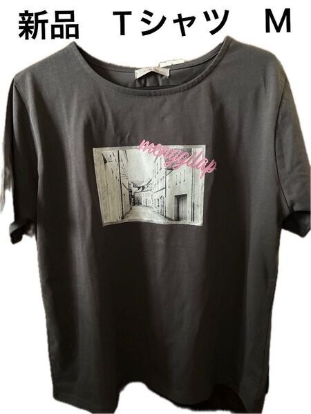 値下げしました最終! 新品 Tシャツ Mサイズ グレー プリント デザイン レディース 濃灰色 チャコルグレー 半袖 トップス
