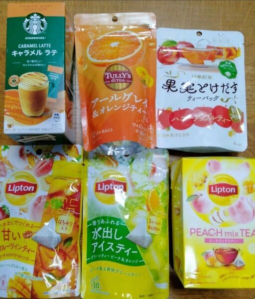 スターバックス キャラメルラテ、TULLY'S、リプトン、日東紅茶 ティーバッグ 6点 まとめ売り