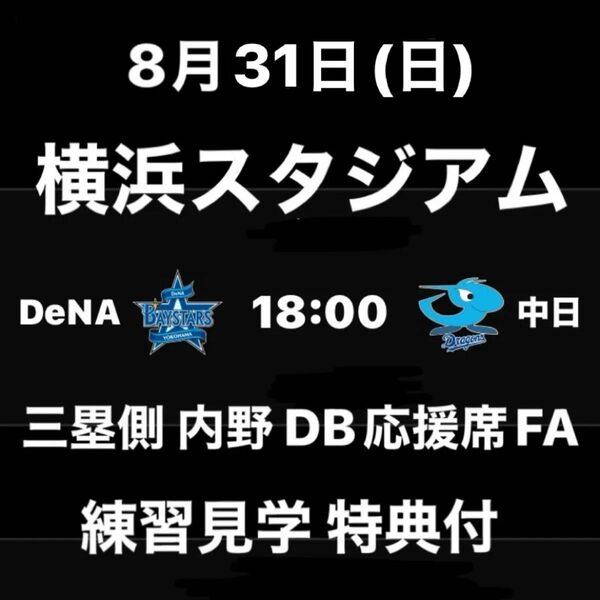 完売の通路側席☆8/31(日)ベイスターズvs中日☆ハマスタ内野席