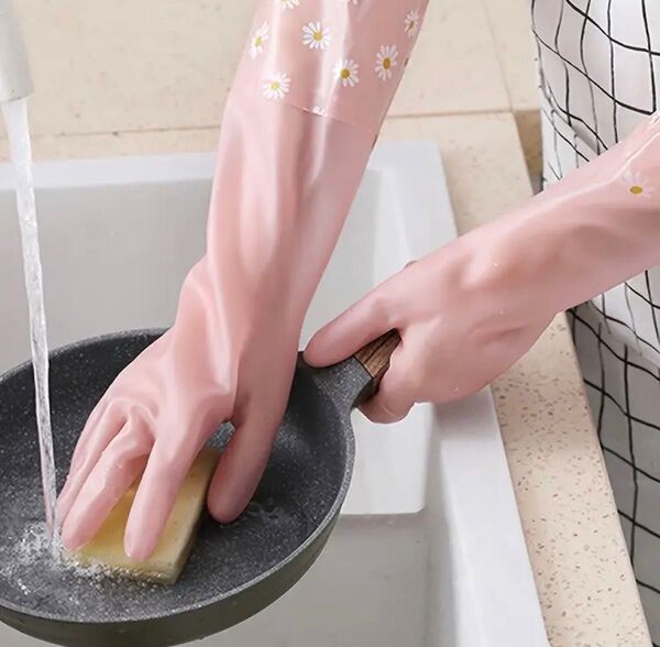 【新品】薄手ゴム手袋ロング 花柄 ピンク 家事 炊事 大掃除