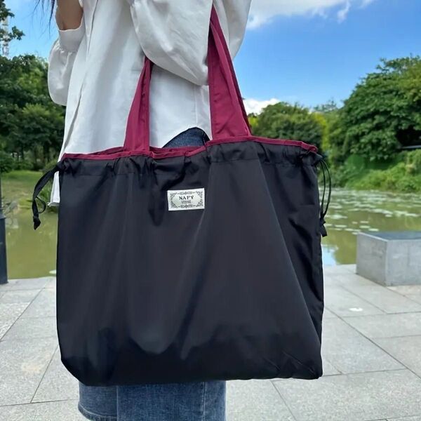 【新品】エコバック 無地黒 巾着袋 買い物バッグ 手提げ肩掛け 折りたたみ式