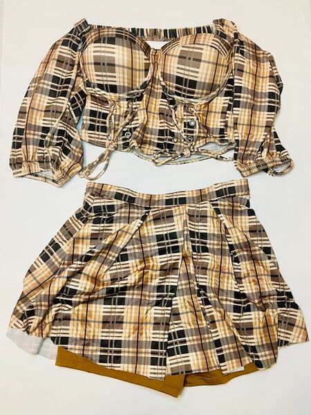 ベージュ系チェック 水着 チェック柄 海 プール 夏 Mサイズ カップ付き スカート風 ショートパンツ ベージュ