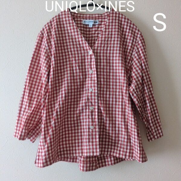 UNIQLO イネス コットンツイルVネックシャツ ギンガムチェック 赤 レッド Sサイズ