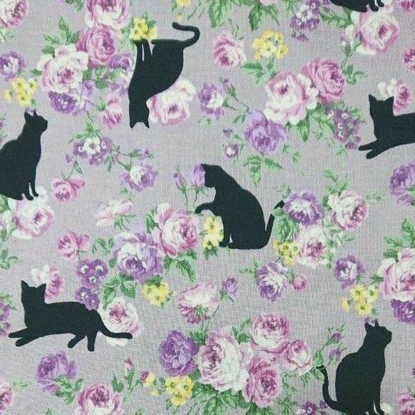 *309*黒猫さんと薔薇柄の布地 ラベンダーカラー はぎれ