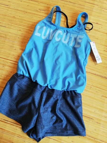 イオン AEON トップバリュ レイヤード風ロゴワンピース スイムウェア 150 女の子 水着 ドッキング ノースリーブ デニム
