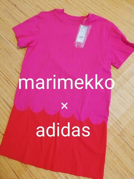 マリメッコ×アディダス marimekko×adidas コラボ 半袖ワンピース ロングTシャツ ピンク×赤 新品未使用 OT