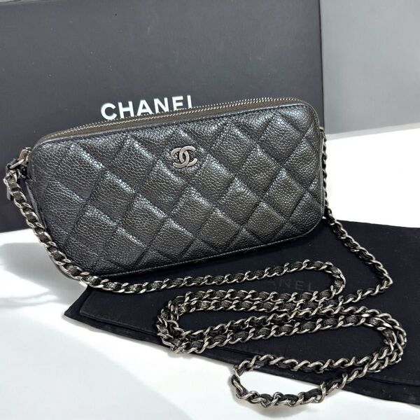 超美品★CHANEL キャビアスキン マトラッセ☆チェーンウォレット カーキ シャネル ショルダーバッグ