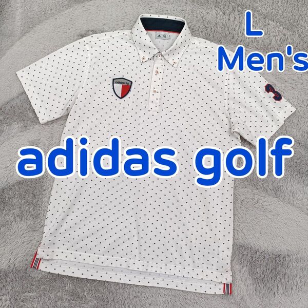 adidas アディダス ゴルフ ポロシャツ 半袖 ゴルフシャツ ボタンダウン 白 × 紺色ドット 総柄 ストレッチ