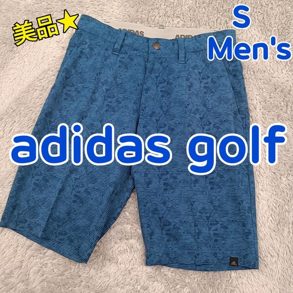 美品★ adidas アディダス ゴルフウェア ハーフパンツ 青×紺色 総柄 吸汗速乾ドライ ストレッチ抜群 メンズ Sサイズ
