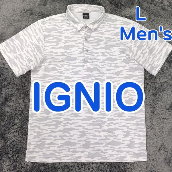 IGNIO イグニオ ゴルフウェア ポロシャツ 半袖 ゴルフシャツ 白 × 総柄 迷彩柄 吸汗速乾ドライストレッチ メンズ L
