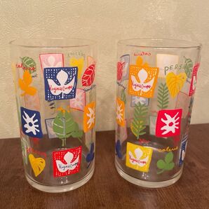 PERSON'S パーソンズ カラフルグラス 2個セット 昭和レトロ コップ リーフ 葉っぱ柄