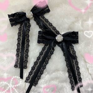 リボン ヘアピン 量産型 地雷系 黒 レース ゴスロリ ロリータ ヘアアクセ
