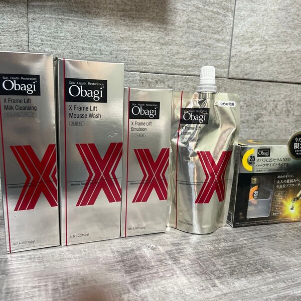 Obagi オバジX フレームリフト ①ミルククレンジング、②洗顔料、③リフト乳液、④化粧水詰替、⑤C25セラムハーフサイズ