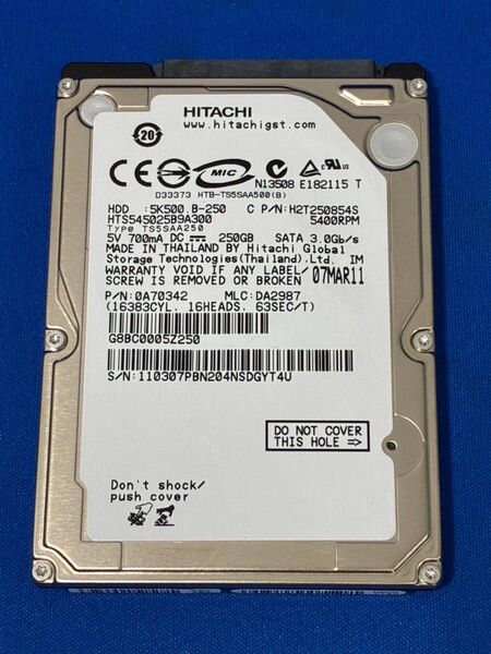 動作確認済! 2.5inch 250GB Hitachi HTS545025B9A300 9.5mm厚