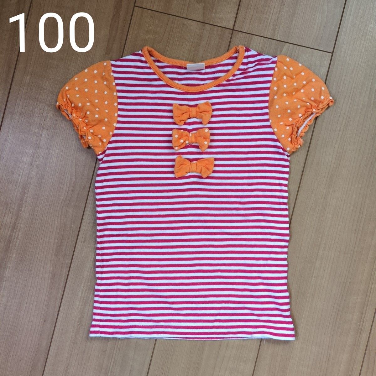 Moujonjon 女の子 ボーダー柄Tシャツ リボン ドット オレンジ