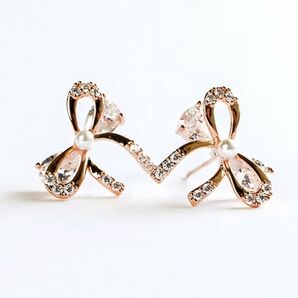 【高品質】S925 K18仕上げ ピンクゴールド 二重リボン パール ダイヤ ピアス