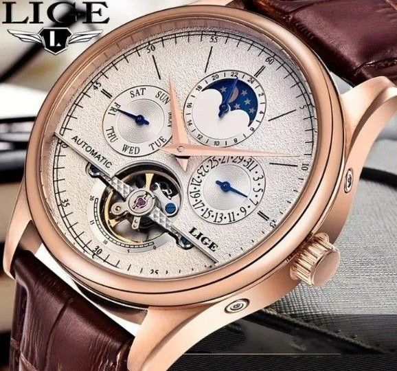 LIGE メンズ腕時計 トゥールビヨン 自動巻き 機械式 レトロ クロノグラフ ゴールド&ホワイト! 新品 送料無料