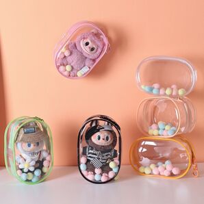 オレンジ おもちゃ用 クリアポーチ ラブブ 保護ケース&防塵ボックス 1/2/3世代 多機能 ホルダー付き おしゃれな ぬいぐるみ