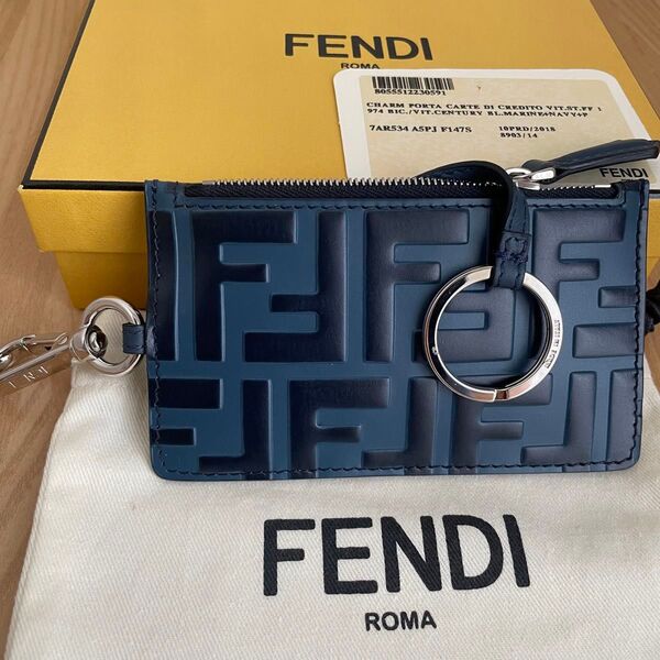 極美品 FENDI フェンディ キーリング付 コインケース ネイビー カードケース