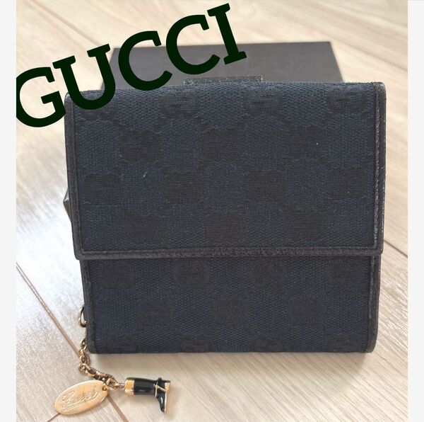 GUCCI グッチ キャンパスレザー 財布 二つ折り財布 黒 ブラック GGロゴ ブーツチャーム付き