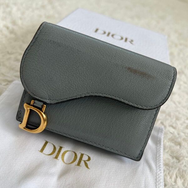 Christian Dior ディオール レザー コンパクトウォレット 三つ折り財布 サドルロータス グレー