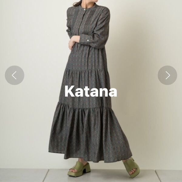 カスタネ kastane バティック柄ティアードドレス ロングワンピース グリーン 長袖 ゆったり マキシ丈