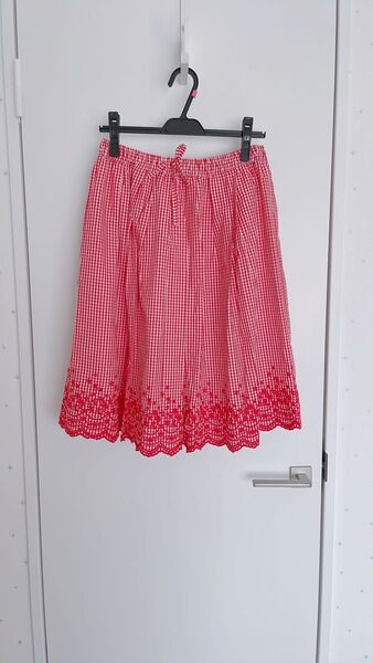 美品 ギンガムチェック スカート 刺繍 レース 赤 ガーリー 膝下丈 裏地付き 綿100% part2 Junko Shimada