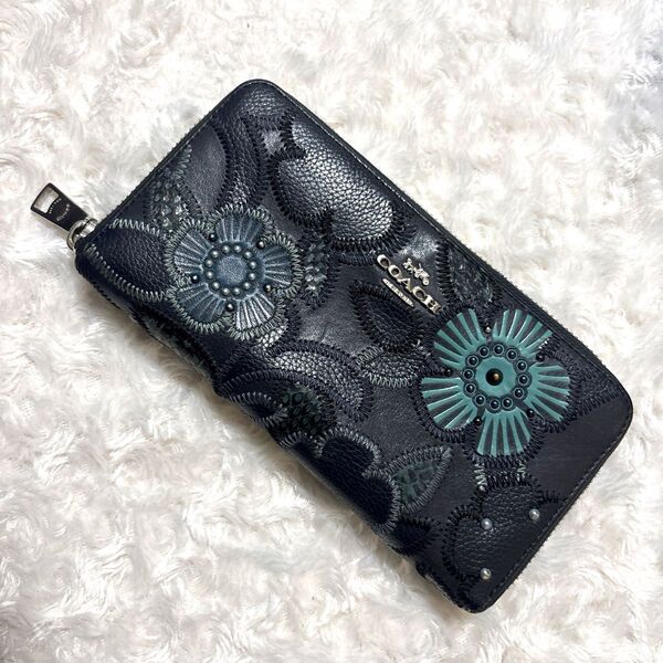 コーチ アコーディオン ジップ ウォレット パッチワーク ティー ローズブラック COACH 長財布