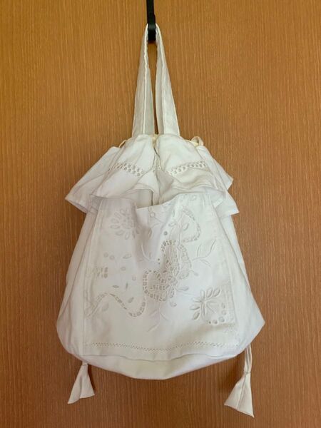 ヴィンテージリネン生地使用 巾着 バッグ ハンドメイド