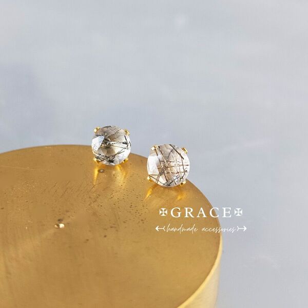 simple+coolブラックトルマリン*宝石質AAAトルマリンインクォーツのひと粒ピアス4mm ステンレス 14kgf