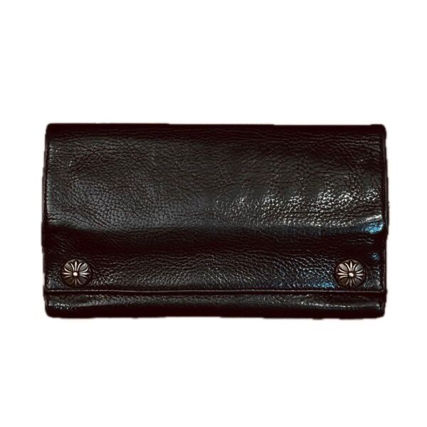 クロムハーツ グリーシー ウォレット レザー ブラック×シルバー クロスボールボタン CHROME HEARTS