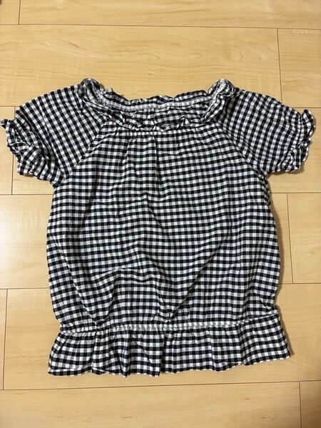 半袖 カットソー Tシャツ ブラウス 白×黒のギンガムチェック