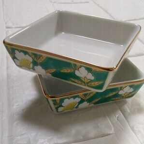 明宝窯 金彩花文様 緑彩山茶花 角皿 ペア ビンテージ