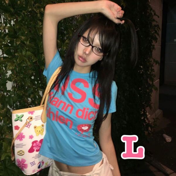 Y2K原宿系KISSロゴTシャツ 水色 半袖 グランジ 平成ギャル