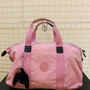 【中古】kipling キプリング トートバッグ ハンドバッグ ポリ系 ピンク チャーム付き 軽量
