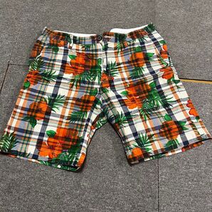 GLOBAL WORK グローバルワーク 花柄 ハーフパンツ ショートパンツ マドラスチェック柄 オレンジ