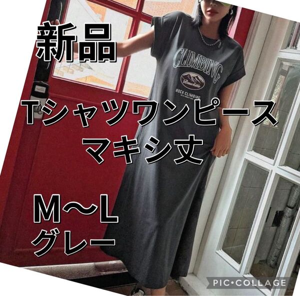新品Dazyデイジー 半袖マキシ丈Tシャツワンピース グレー プリントロゴ SHEINシーイン スウェットワンピ 半袖レディース