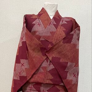 幾何学模様 ボルドー、小豆色系 小紋 夏用着物 浴衣 Sサイズ相当 単衣