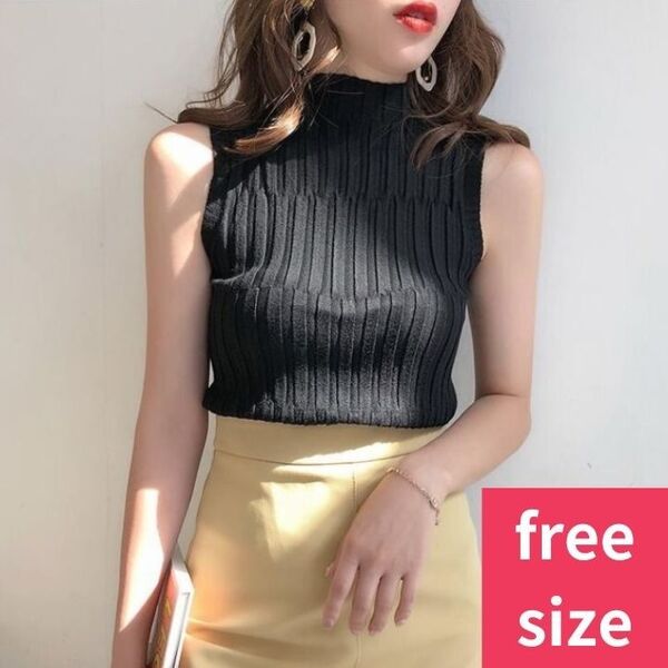 ノースリーブ タンクトップ 綺麗め プチハイネック サマーニット リブニット 黒