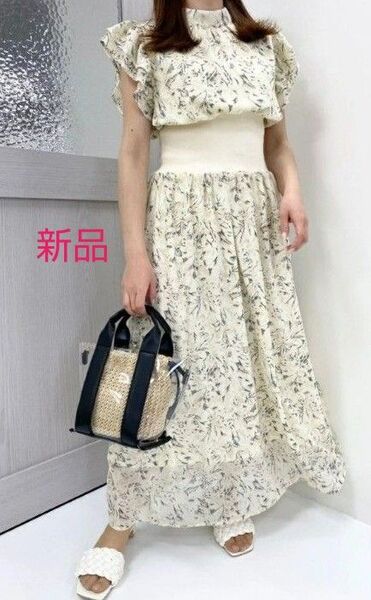 新品 INGNI ウエストリブ 花柄シフォン フリルワンピース オフホワイト サイズM