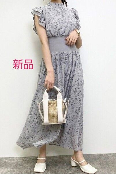 新品 INGNI ウエストリブ 花柄シフォン フリルワンピース グレー サイズM